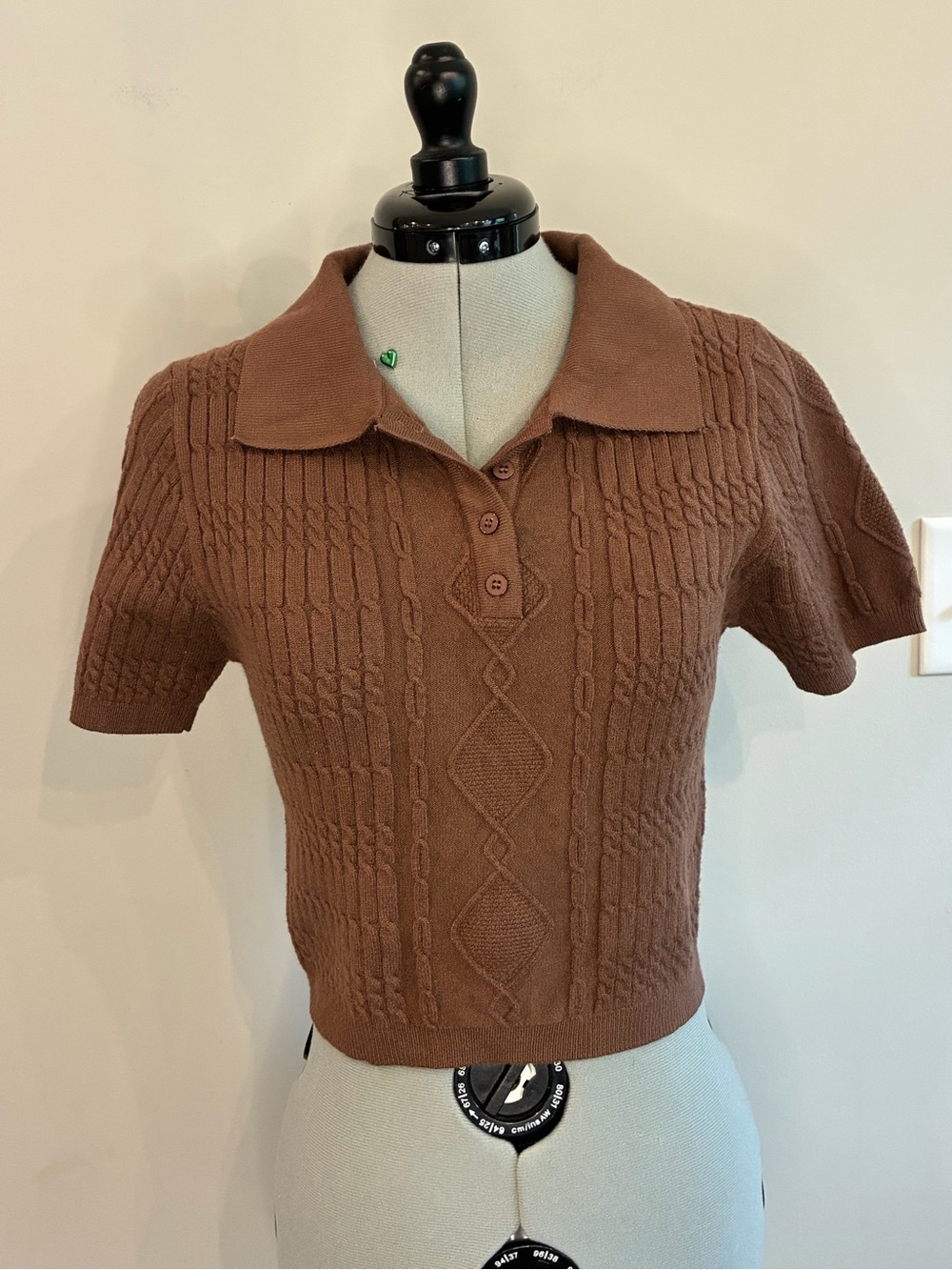 Brown Cable-Knit Polo Crop Top Sweater 0332